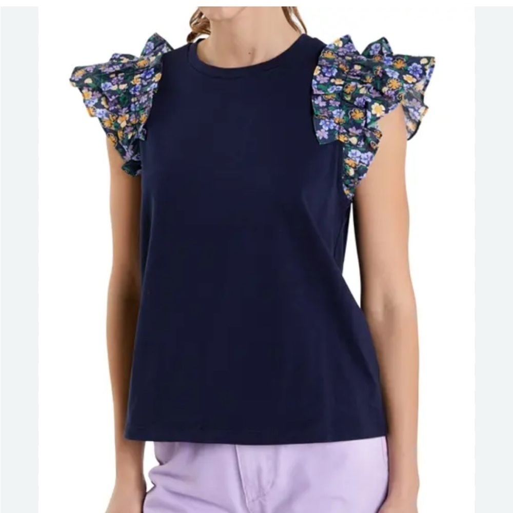 Sunday in Brooklyn Navy Top with Floral Ruffle Sleeves